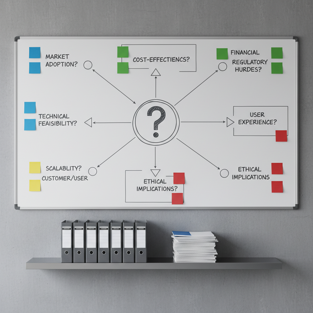 A meticulously organized whiteboard mounted on a smooth concrete wall, filled with neatly written questions in dark gray marker, each connected by clean, geometric lines to color-coded sticky notes. At the center, a large, bold question mark is encircled, symbolizing the core inquiry. Below, a slim, modern metal shelf holds closed binders and a single, neatly stacked pile of printed reports. Cool, diffused studio lighting illuminates the scene evenly, eliminating harsh shadows and enhancing legibility while preserving neutral tones. The mood is analytical and methodical, suggesting thorough investigation. Captured from a straight-on, eye-level perspective with a wide field of view, ensuring sharp focus from edge to edge. The composition is structured and balanced, conveying a corporate, professional aesthetic suited to honest, systematic examination of doubts and hypotheses.